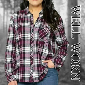 Well Worn | Womens' Flannel Plaid Button Down | Berry and White | XL | NWOT